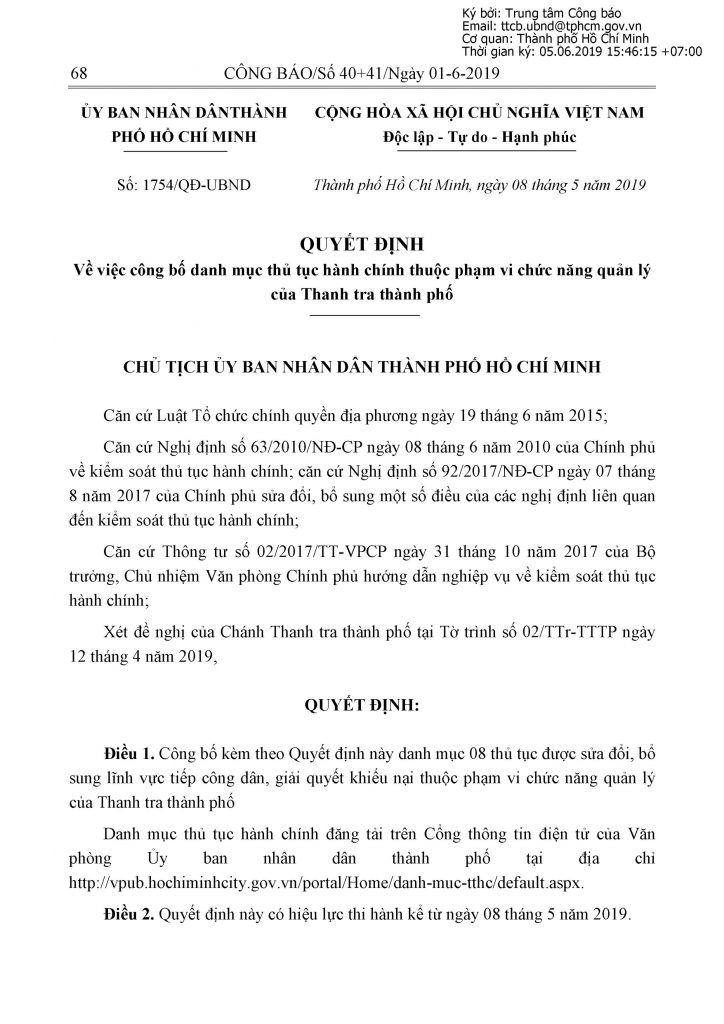 QUYẾT ĐỊNH CÔNG BỐ DANH MỤC THỦ TỤC HÀNH CHÍNH THUỘC PHẠM VI CHỨC NĂNG QUẢN LÝ CỦA THANH TRA THÀNH PHỐ